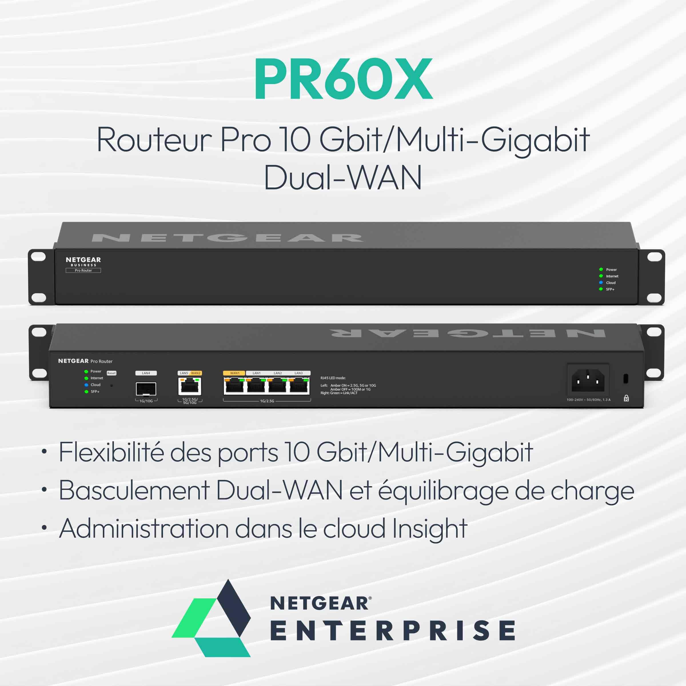 NETGEAR Routeur Pro 10 Gbit/Multi-Gigabit Dual-WAN avec Management Cloud Insight (PR60X) – 10 Gbit SPF+ - avec basculement en Cas de défaillance – 32 VLAN - Configuration VPN IPSec – Rackable