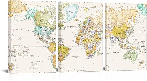 PoGoXiPoYo 3 piezas de lienzo vintage con mapa del mundo para pared, diseño retro de mapa del mundo, enmarcado y estirado para sala de estar, listo