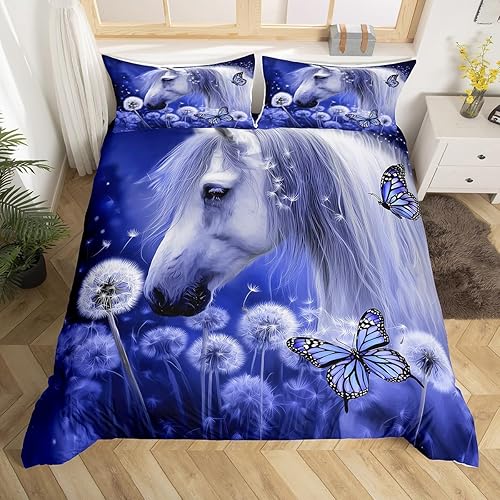 Miniatura 5 de Manfei Juego de funda de edredón de caballo, tamaño individual, funda de edredón de margarita de diente de león blanco con 1 funda de almohada,