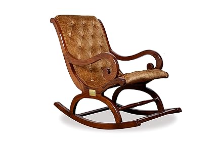 Globel Interiors India Italian Velvet Cushioned Teak Wood Carved Premium Embellished Rocking Chairs for Living Room | Rolling Chair | Chair for Grandpaa (Color ; Beige)