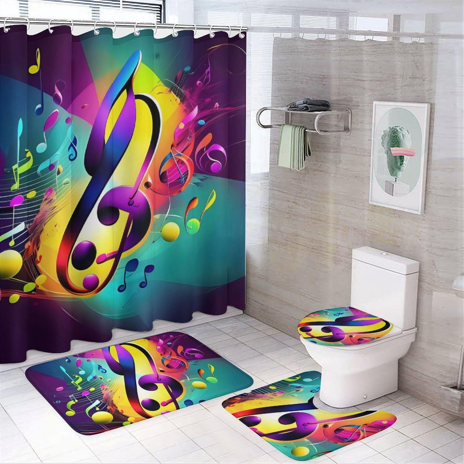 Tapis de douche musical et ensemble de bain 4 pièces antidérapant