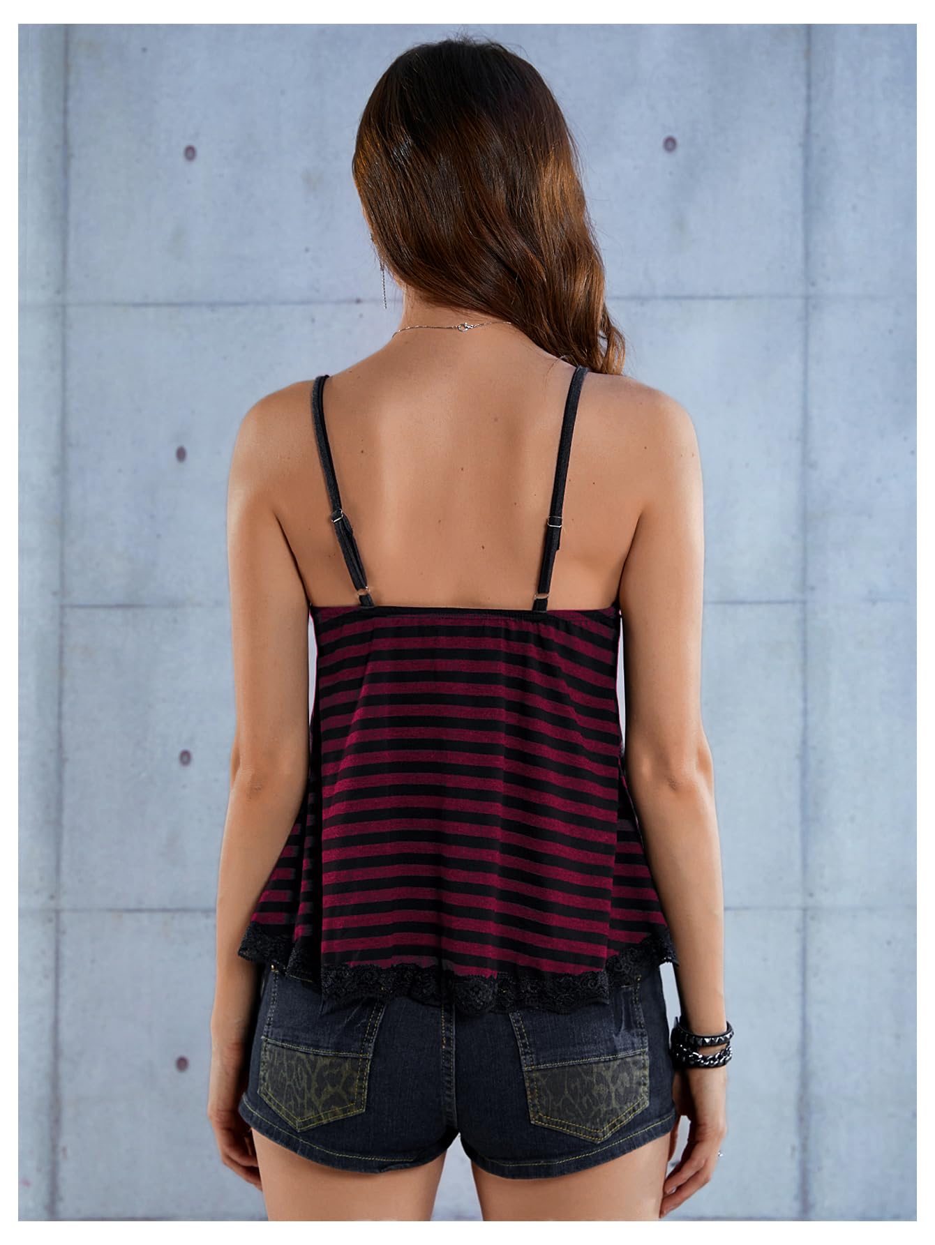 SOLY HUX Womens Y2K Lace Cami V Neck Sleeveless Striped Shirt Spaghetti Strap Camisole Gothic Tops: X-Small Red Striped