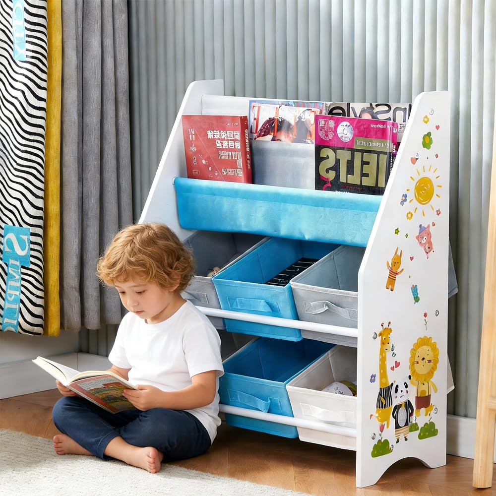 Rainbow Tree 4-Tier Children Sling Book Rack Bookshelf Wooden with 6 Drawers, Easy-to-Reach Storage for Books and Toys, Kids Book Rack Storage Bookshelf, Ideal for Playrooms & Homeschooling