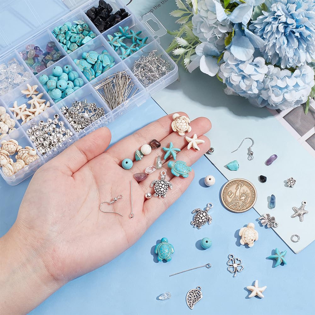 PH PandaHall 278pc Turquoise Turtle Beads Ocean Charms Jewellery Making Kit 50g Gemstone Chip Beads Starfish Seashell Pendants for Beach Necklace Earring Bracelet Anklet Making - Image 3
