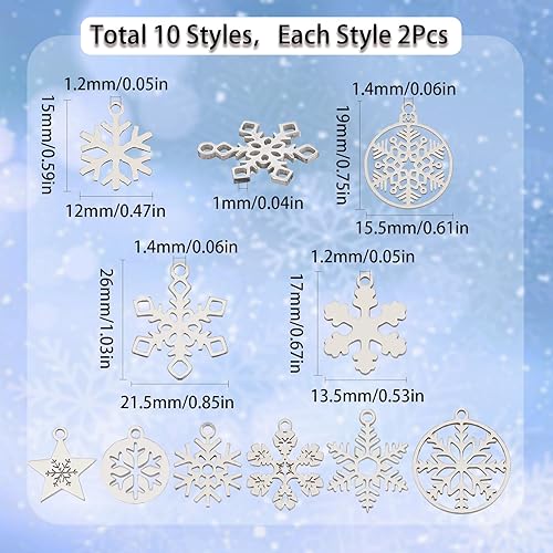 Miniatura 2 de SUNNYCLUE 1 caja de 20 dijes de copo de nieve para invierno, acero inoxidable, doble cara, estrella hueca, planos, redondos, colgantes de Navidad