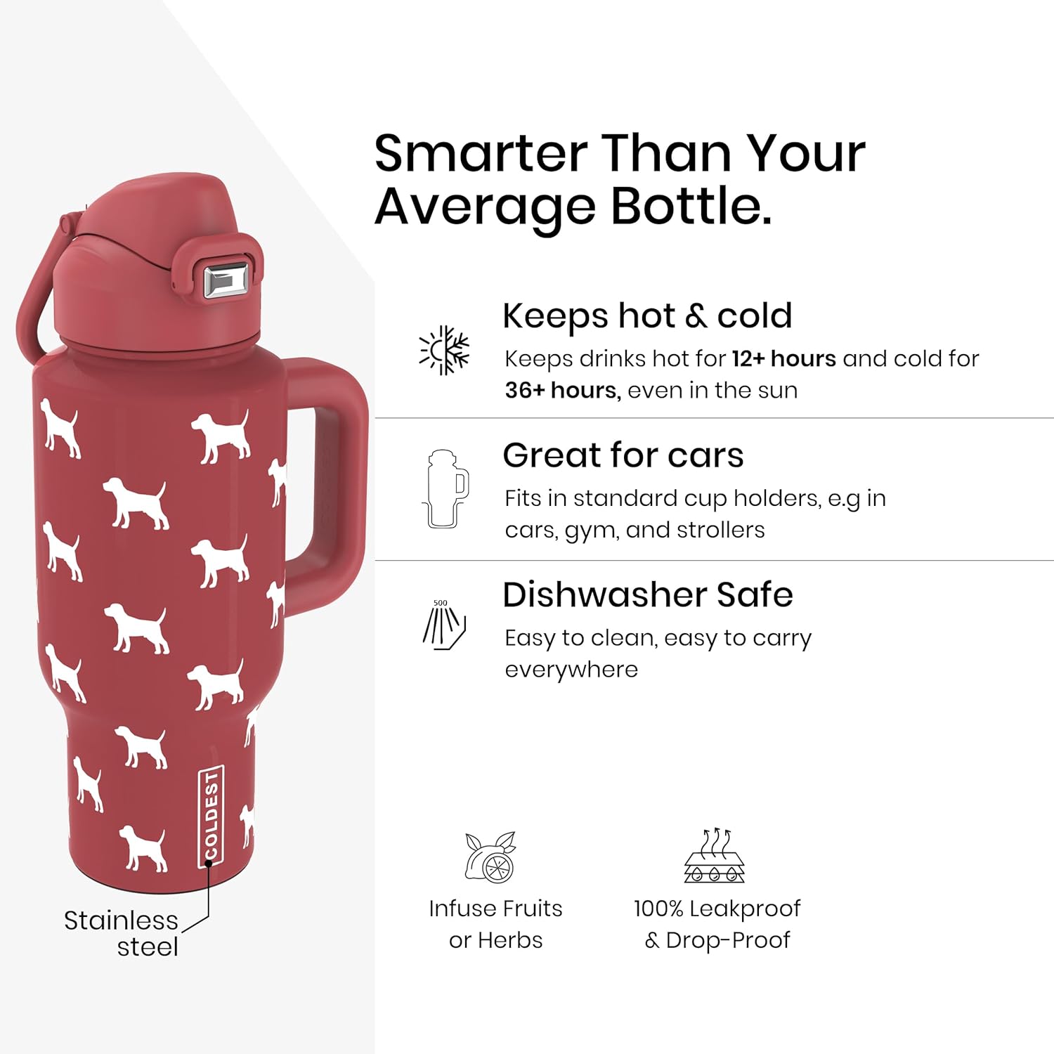 Coldest Tumbler with Handle & Coffee Lid - 100% Spill Proof Tumbler (3 Lids) - Stainless Steel Insulated Leakproof Tumblers for Women & Men - Cup Holder Friendly - 24 oz (Baby Puppy) - Image 2