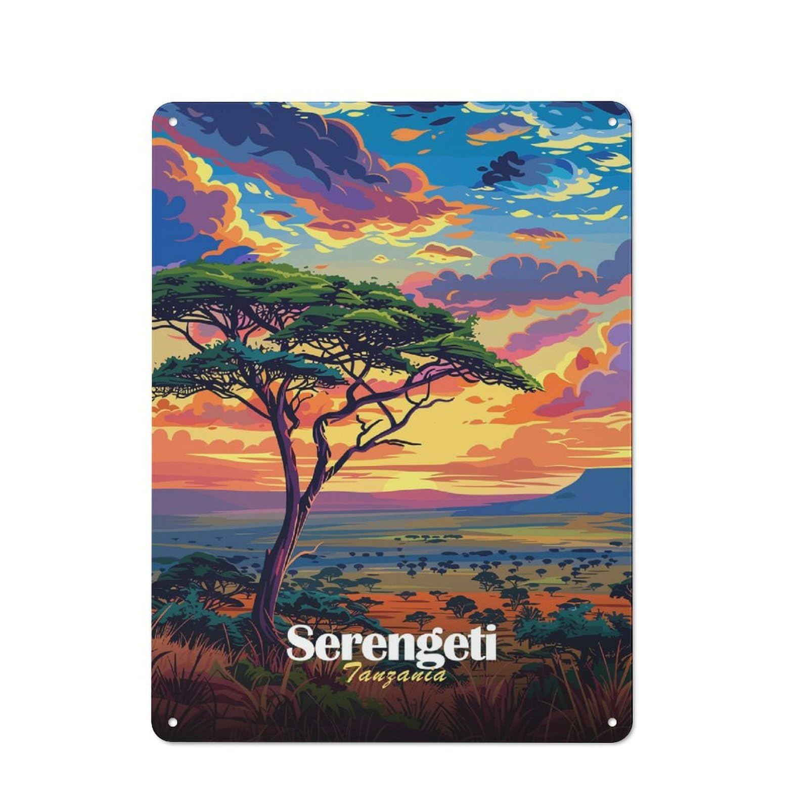 Junmoney Style-4 Serengeti Sunset Landscape Tin Sign 40X30cm, Modern Vintage Creative Space Decor For Hobby Room, Office, Lounge Or Living Room