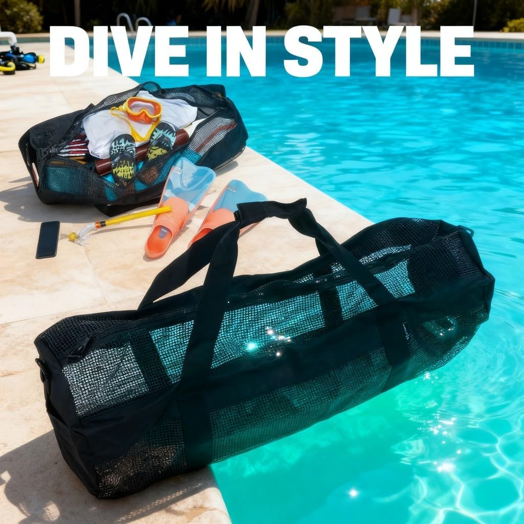Diving Net Bag Large Capacity Mesh Storage, Breathable Cloth, 37.8x12.6 Inch - Durable and Lightweight, Zippered Shoulder Tote, Ideal for Snorkeling and Travel