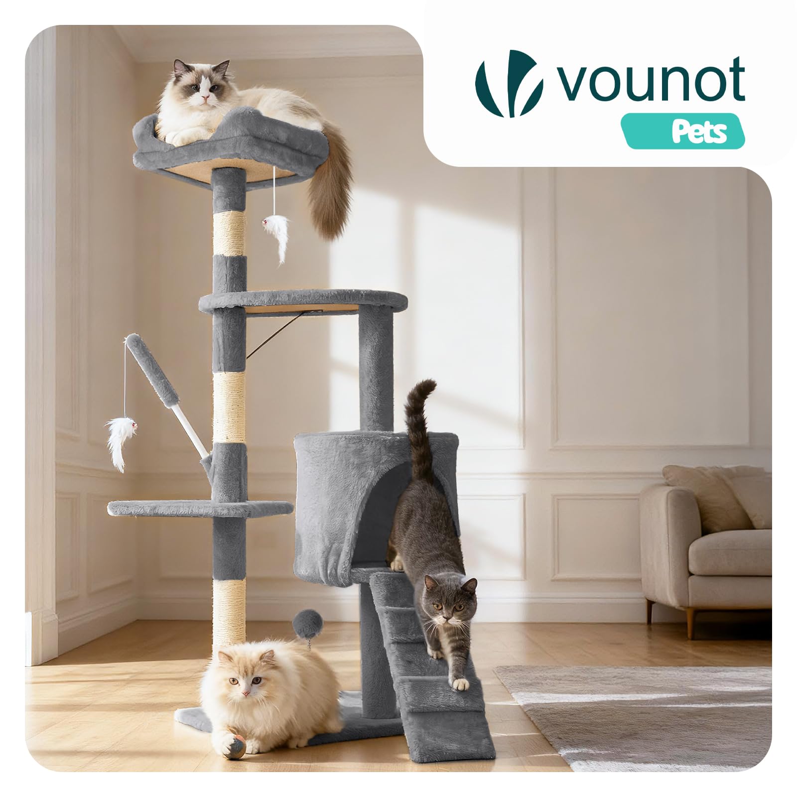 VOUNOT® Tiragraffi per Gatti Alto 112 cm, Albero per Gatti Multilivello, Centro Attività per Gatto con Pali Tiragraffi in Sisal, Cuccia, Piattaforme e Grotta, Grigio