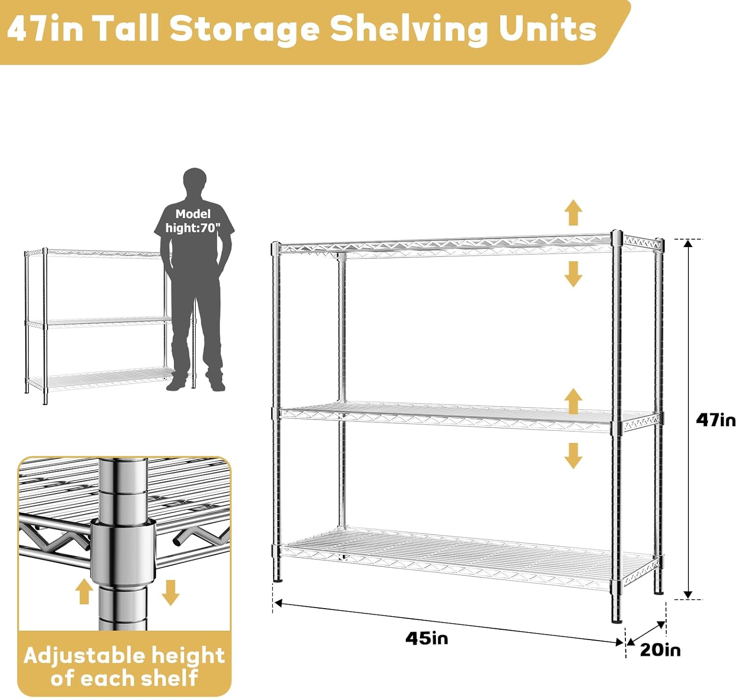 Storage Shelves Heavy Duty, 45" W x 20" D x 47" H Garage Wire Shelving Unit Loads 1200LBS, 3-Tier Adjustable Metal Industrial Utility Shelf Rack for Kitchen, Laundry Room, Pantry, Warehouse, Basement