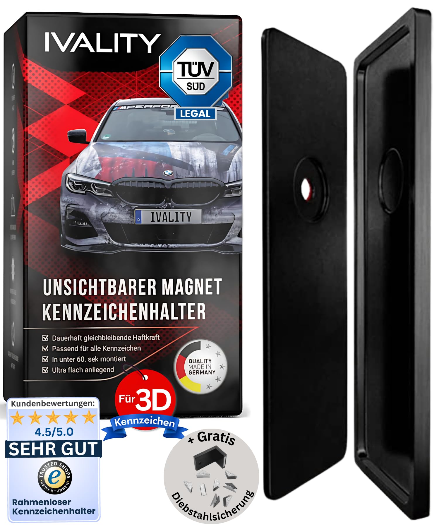 IVALITY® 1x Magnetischer Kennzeichen-Halter - Rahmenloser Magnet-Halter für 1x 3D-Kennzeichen - Nummernschild-Halterung - Wechselkennzeichen Auto-Zubehör