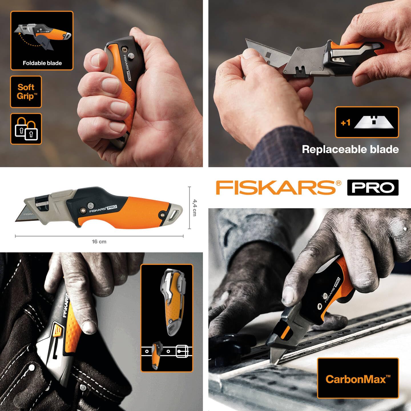 Fiskars Taglierino universale pieghevole, Lunghezza 17 cm, Acciaio inossidabile/Plastica, Nero/Arancione, CarbonMax, 1027224