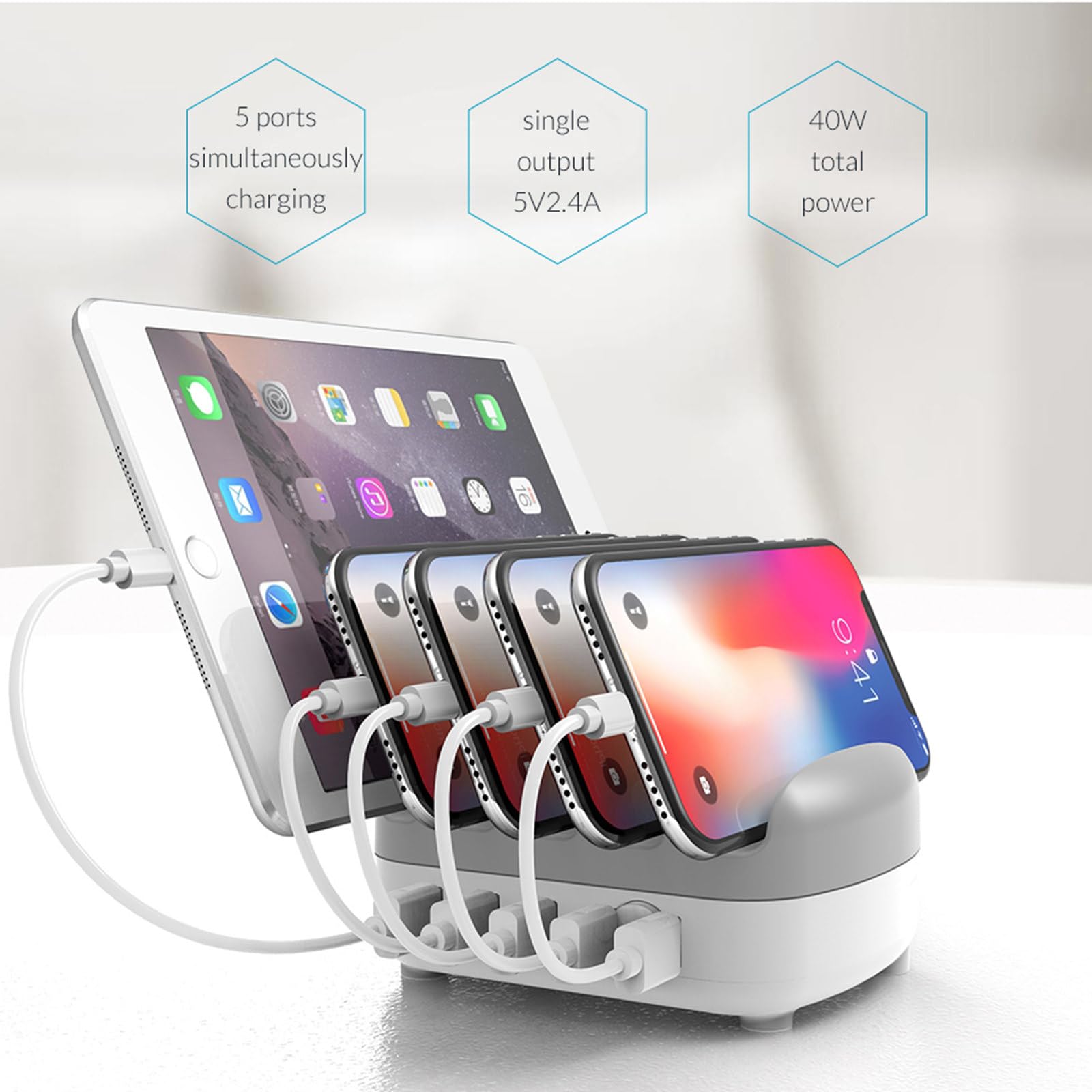 Caricatore USB a 5 porte Slot per presa USB-A multipla Stazione dock di ricarica rapida Adattatore di alimentazione multi USB con supporto,White