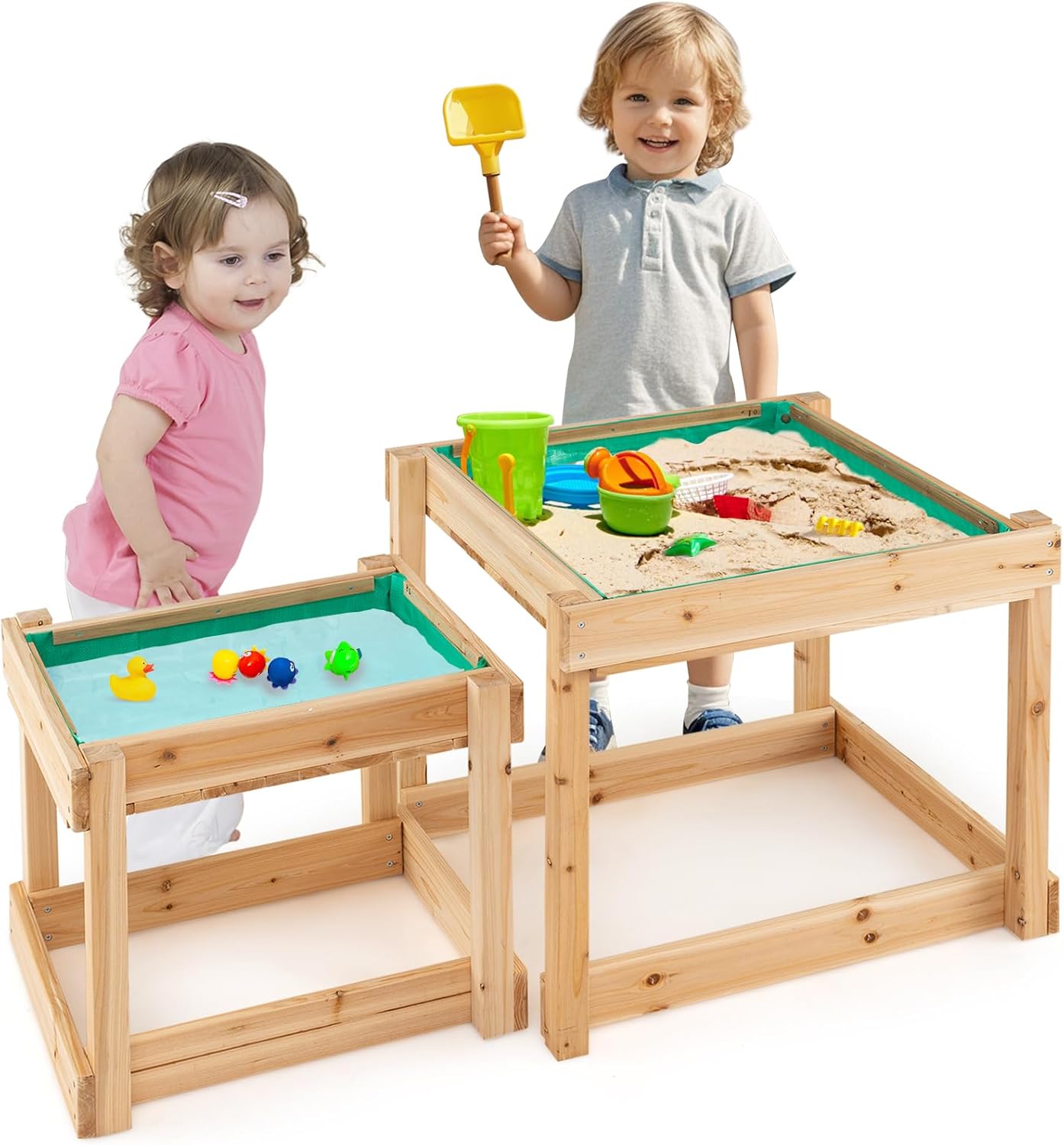 HONEY JOY Sand and Water Table, 2 Pcs Wood Outdoor Kids Sensory Table, Protective Cover & Built-in Liner, Space-Saving, Toddler Sandbox Table, Play Activity Table for Backyard Garden Beach, Natural