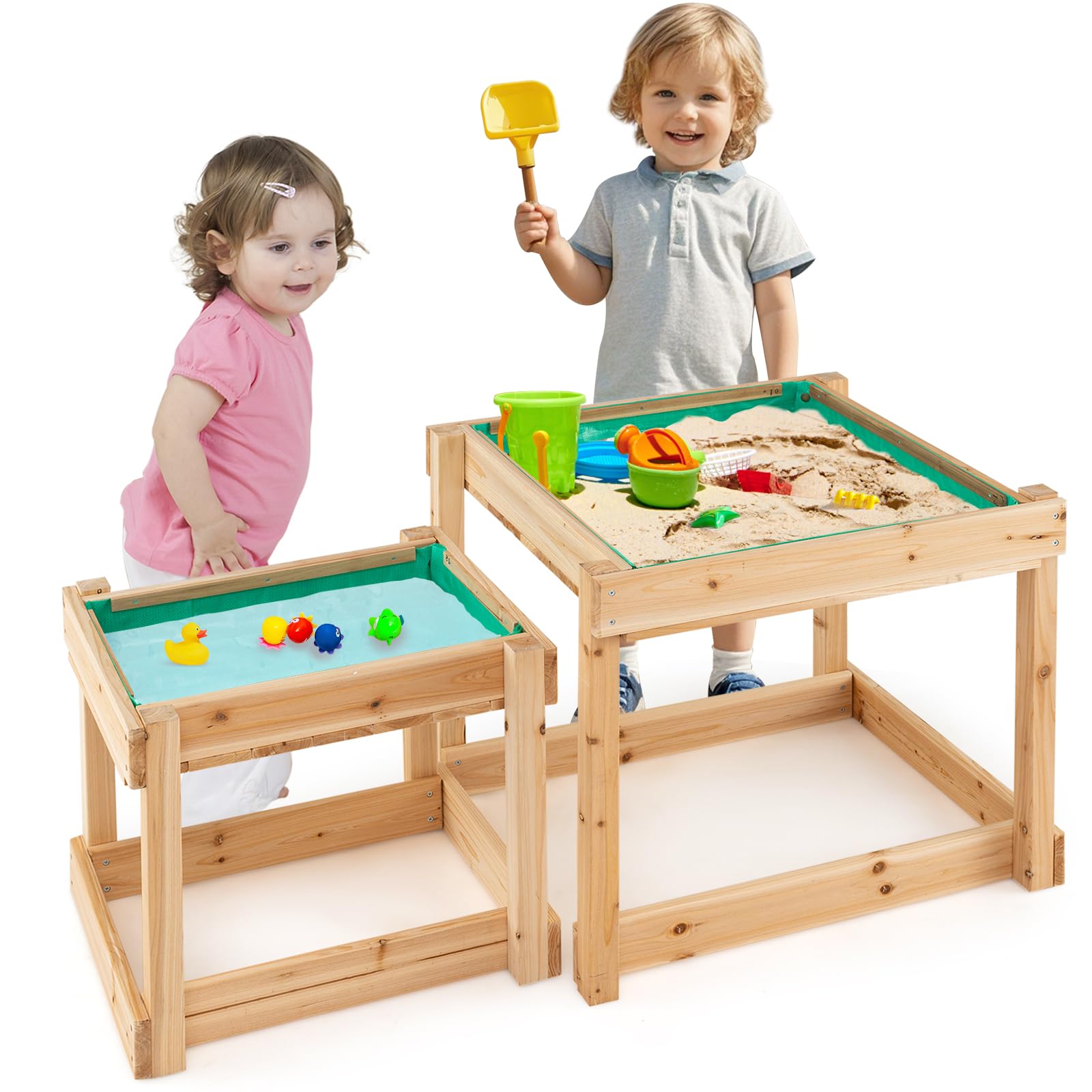 HONEY JOY Sand and Water Table, 2 Pcs Wood Outdoor Kids Sensory Table, Protective Cover & Built-in Liner, Space-Saving, Toddler Sandbox Table, Play Activity Table for Backyard Garden Beach, Natural