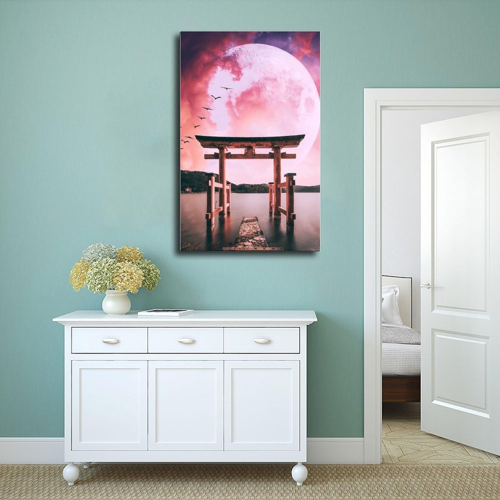 WRTYVE Poster su tela con sole, luna, lago, per ufficio, decorazione regalo
