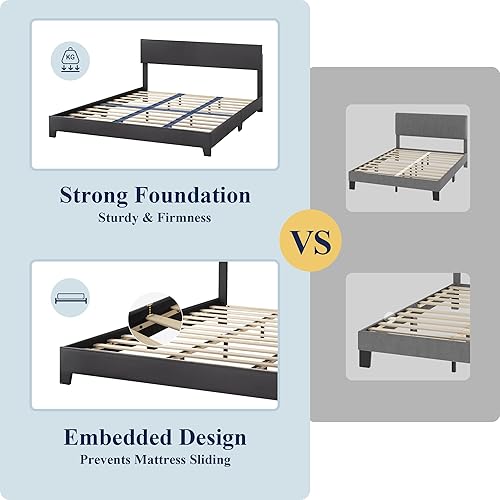 Miniatura 6 de Allewie - Base de cama tamaño King con cabecera ajustable, plataforma de cama de piel sintética con listones de madera, base de colchón resistente,