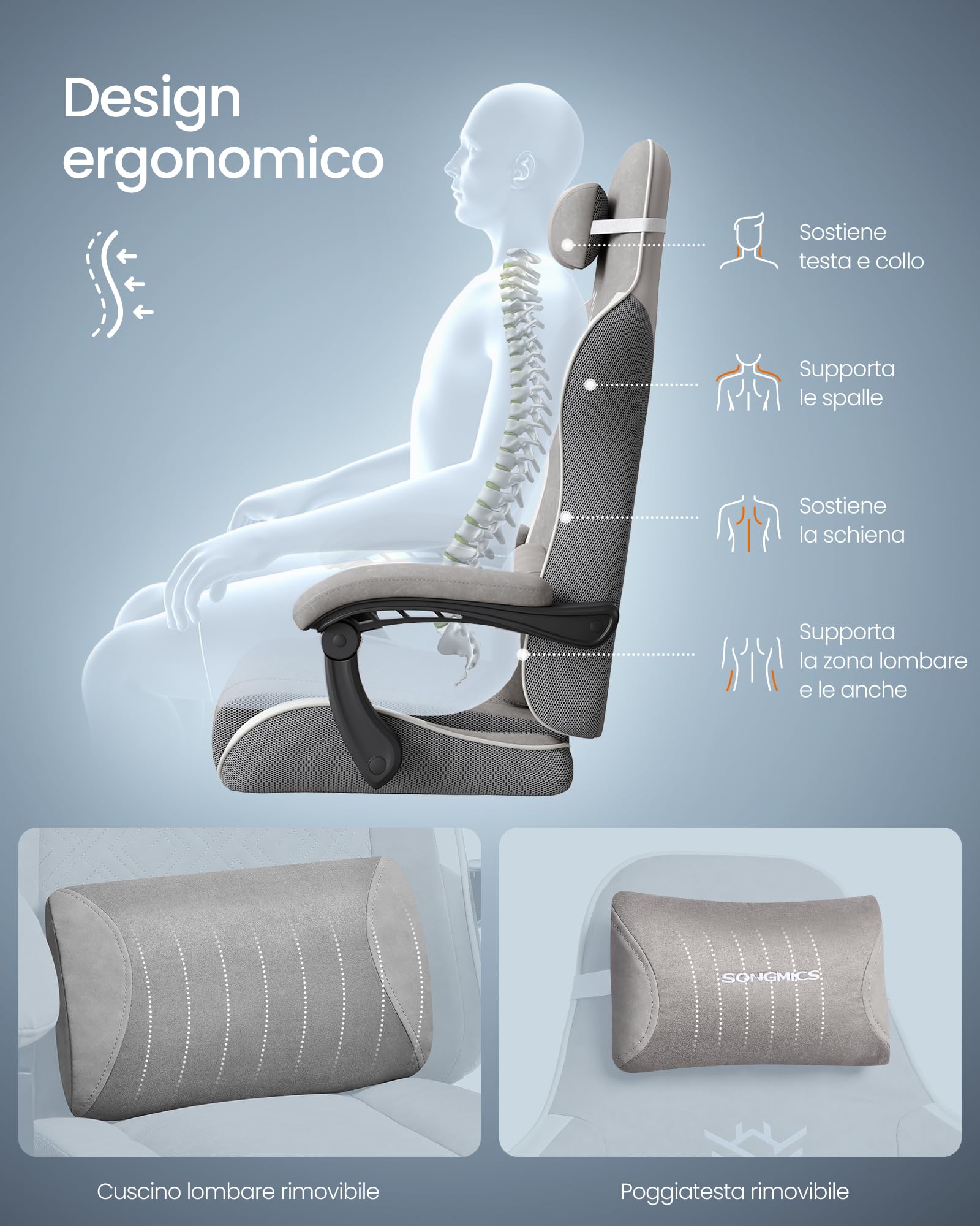 SONGMICS Sedia Gaming, Sedia da Ufficio Scrivania, Ergonomica, Seduta con Molle, Poggiapiedi, Braccioli con Meccanismo Sincronizzato, Grigio Tortora OBG079G01