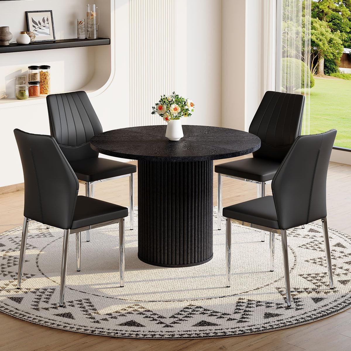 42'' Round Dining Table with Storage, Modern Round Dinner Table with Wood Tabletop and Cylindrical Base, Space Saving Circle Kitchen Table for Kitchen Dining Room