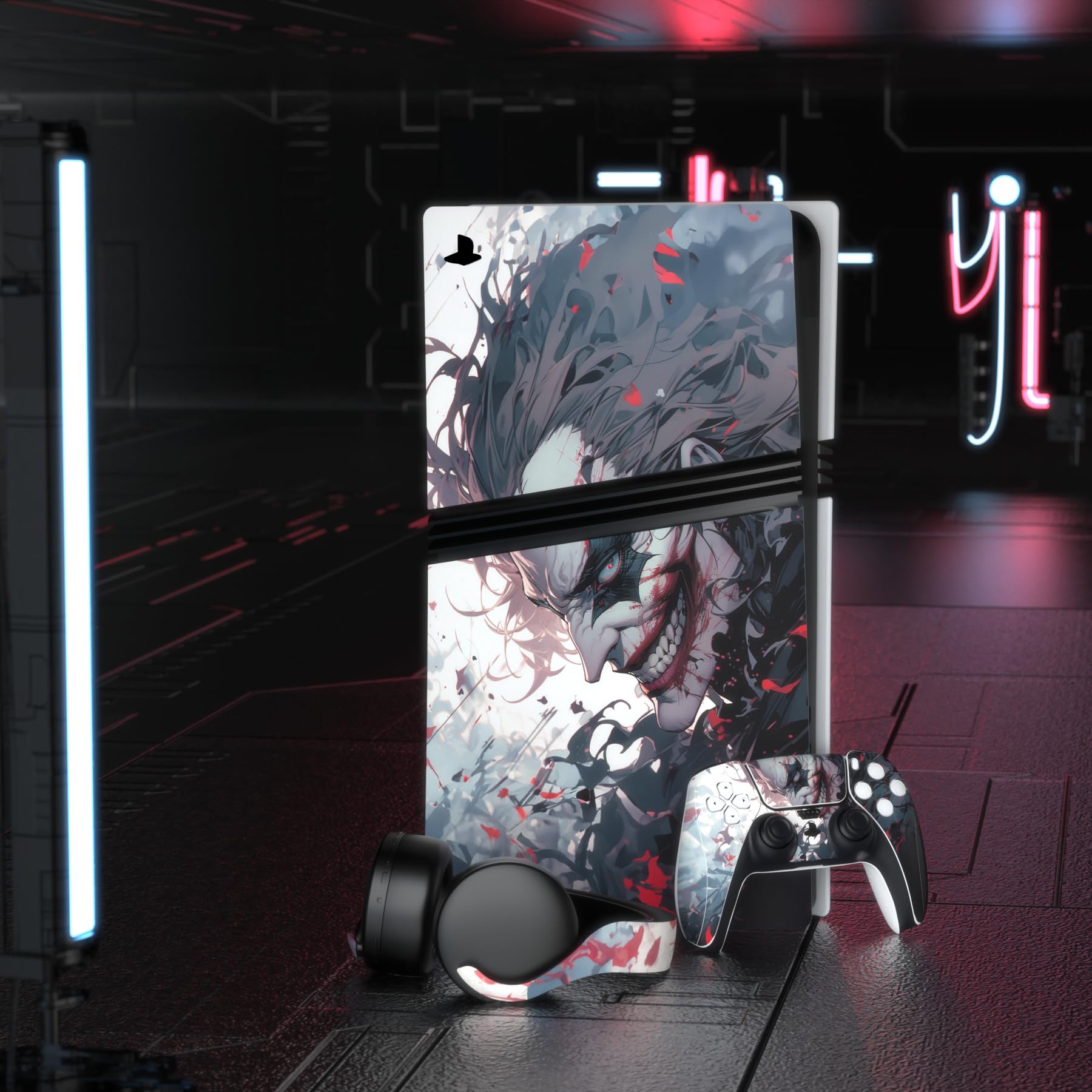 PlayVital Pegatina Completa para ps5 Pro Consola Digital & Disc - Vinilo Calcomanía Adhesiva para Mando, Auriculares, Estación de Carga y Control Remoto, Accesorios Protector Decal (Payaso Asesino)