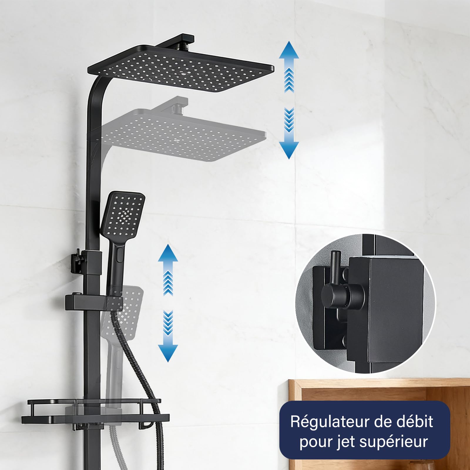 Thermostatique Noir Colonne de Douche avec Mitigeur 38°C Ensemble de Douche avec 4 Fonctions Hauteur Réglable Système de Douche à Tête Carrée avec Douchette à Main pour Salle de Bain