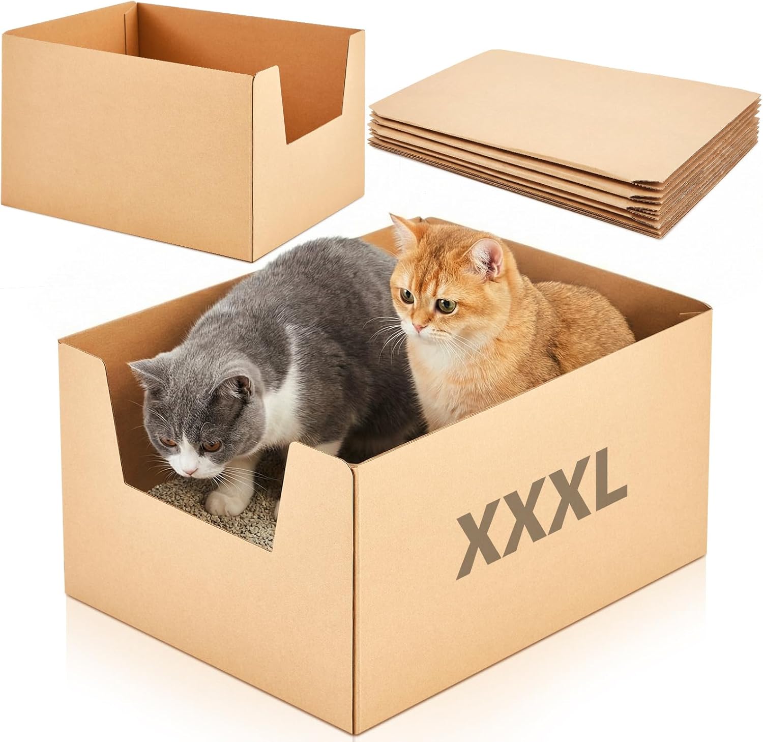 Lounsweer 2 Pack XXL Extra Large Disposable Cat Litter Box, 19 x 15 x 11.75 in Deep High-Sided, Self-Adhesive Leakproof Recyclable Cardboard Litter Box for Large Cats Moving Travel Short-Term Use