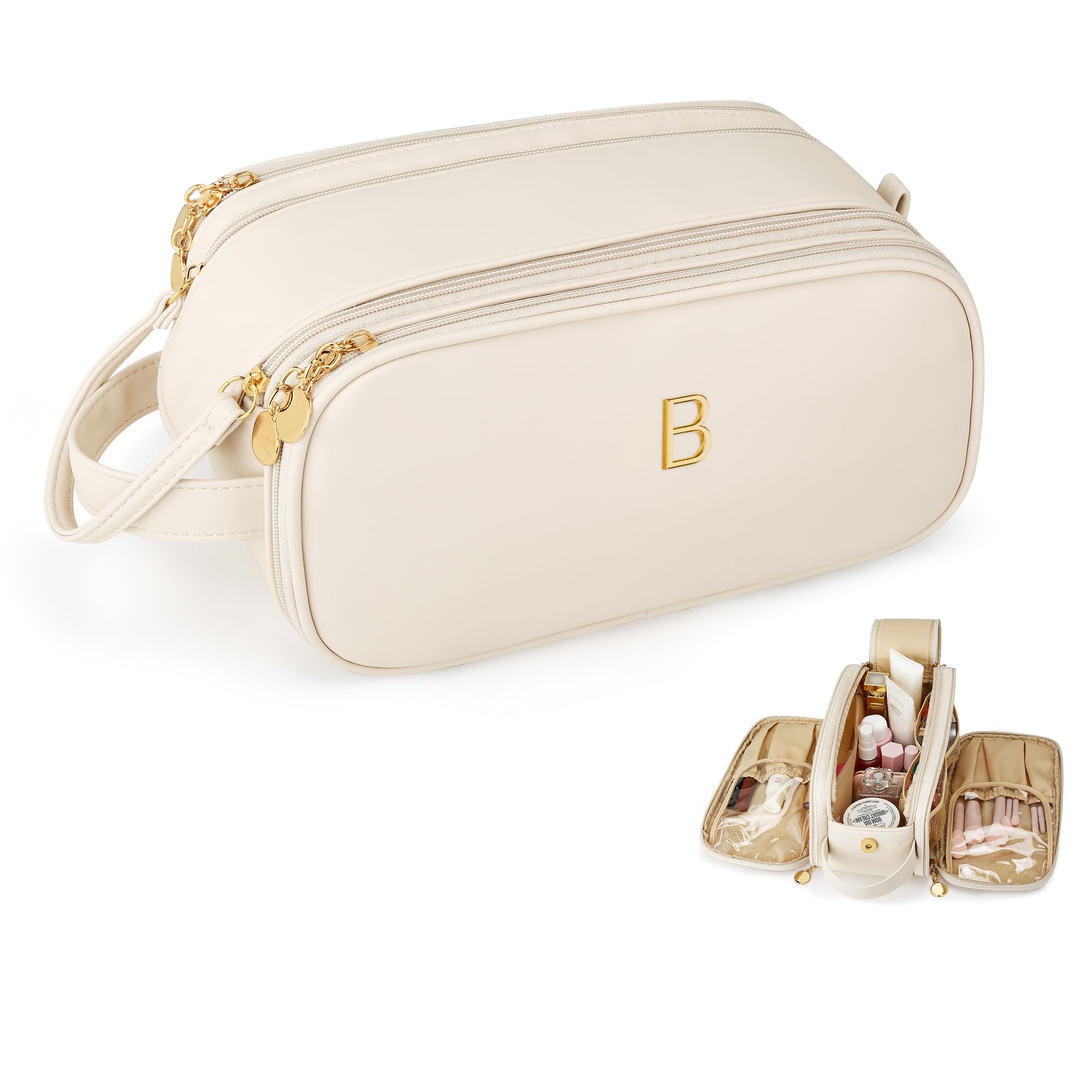 Photo 1 of **TORN INSIDE LINING***CLOUDWINGS Travel Makeup Bag Birthday Gifts for Women Teen Girl, Personalized Initial Makeup Organizer Bag Large Opening Cosmetic Bags for Women Waterproof Storage Toiletry Bags, Beige,B