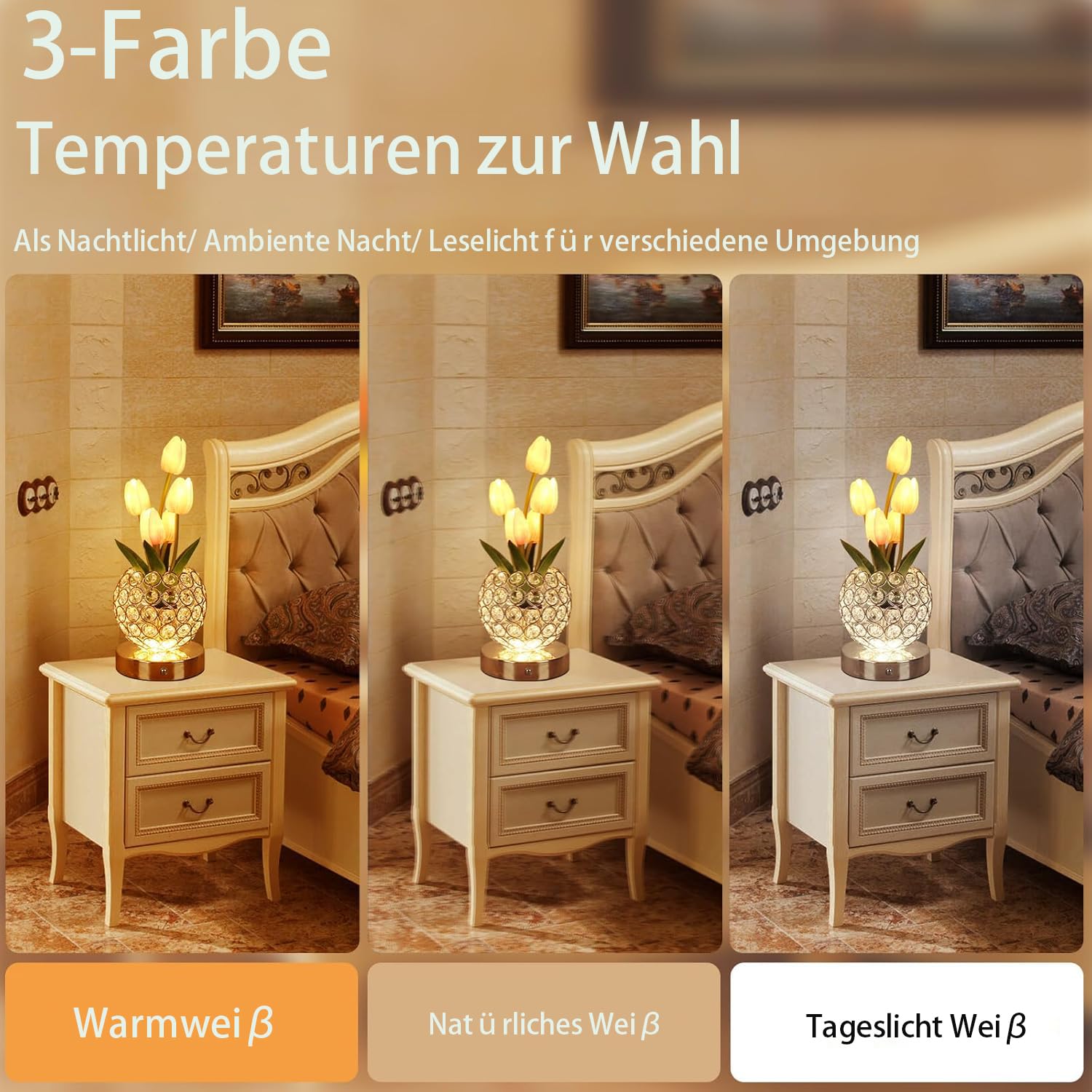 Cadeaux d'anniversaire pour femme - Lampe de table à batterie - 3 couleurs - Fleur de cristal - Intensité variable à l'infini - Avec charge USB - Petite veilleuse - Lampe de chevet tactile pour