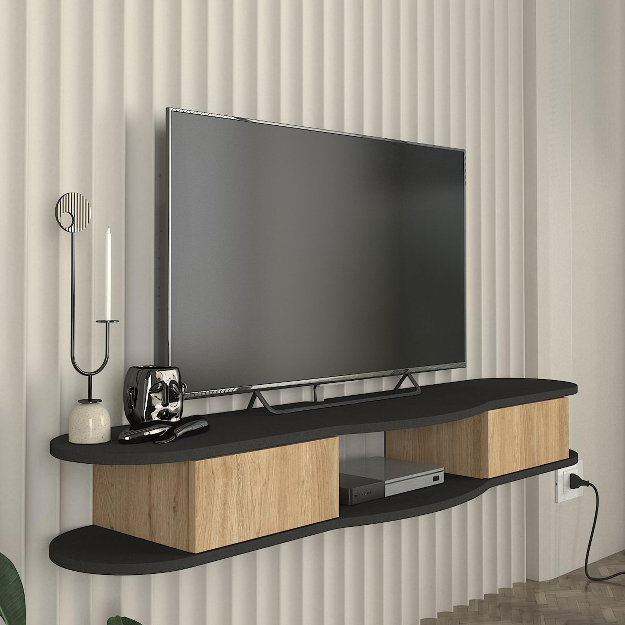 [en.casa] Mobile Porta TV da Parete a 2 Scomparti Chiusi da Ante a Ribalta Vano Aperto Mensola Sospesa Stand Multimediale con Fori Passacavi 150x35x19 cm - Antracite/Effetto Rovere