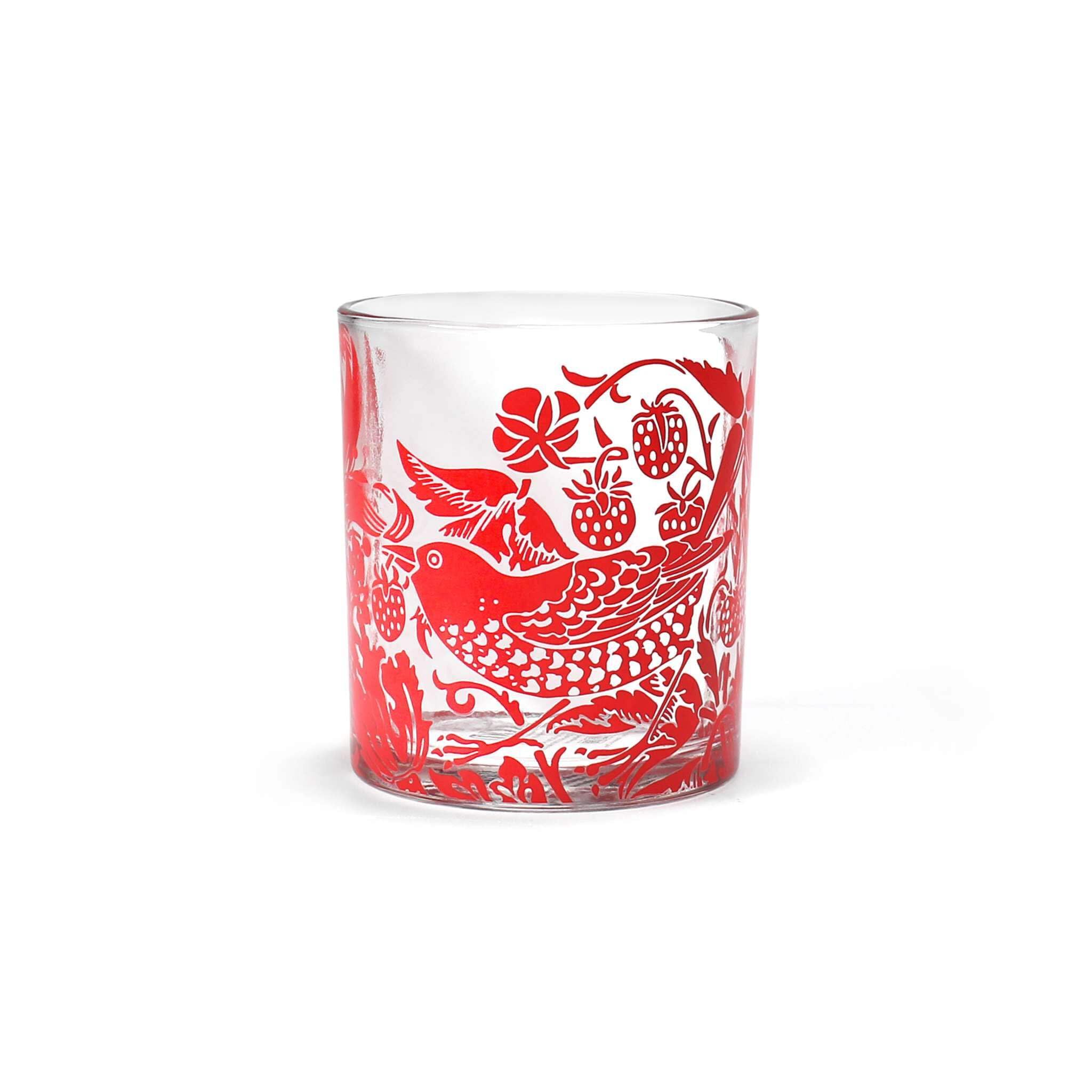 Half Moon Bay Strawberry Thief - by William Morris - Raspberry Red 16 Ounce Glass Cocktail Mocktail Drinking Cup