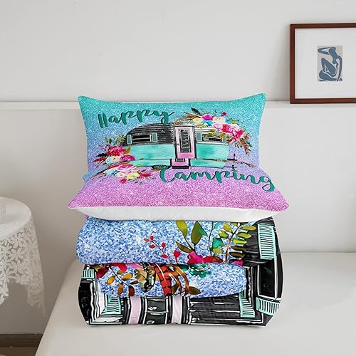 Miniatura 5 de Edredón de cama para niños y niñas, juego de edredón de caricaturas para caravana, diseño de caricaturas, flores y lentejuelas en acuarela para