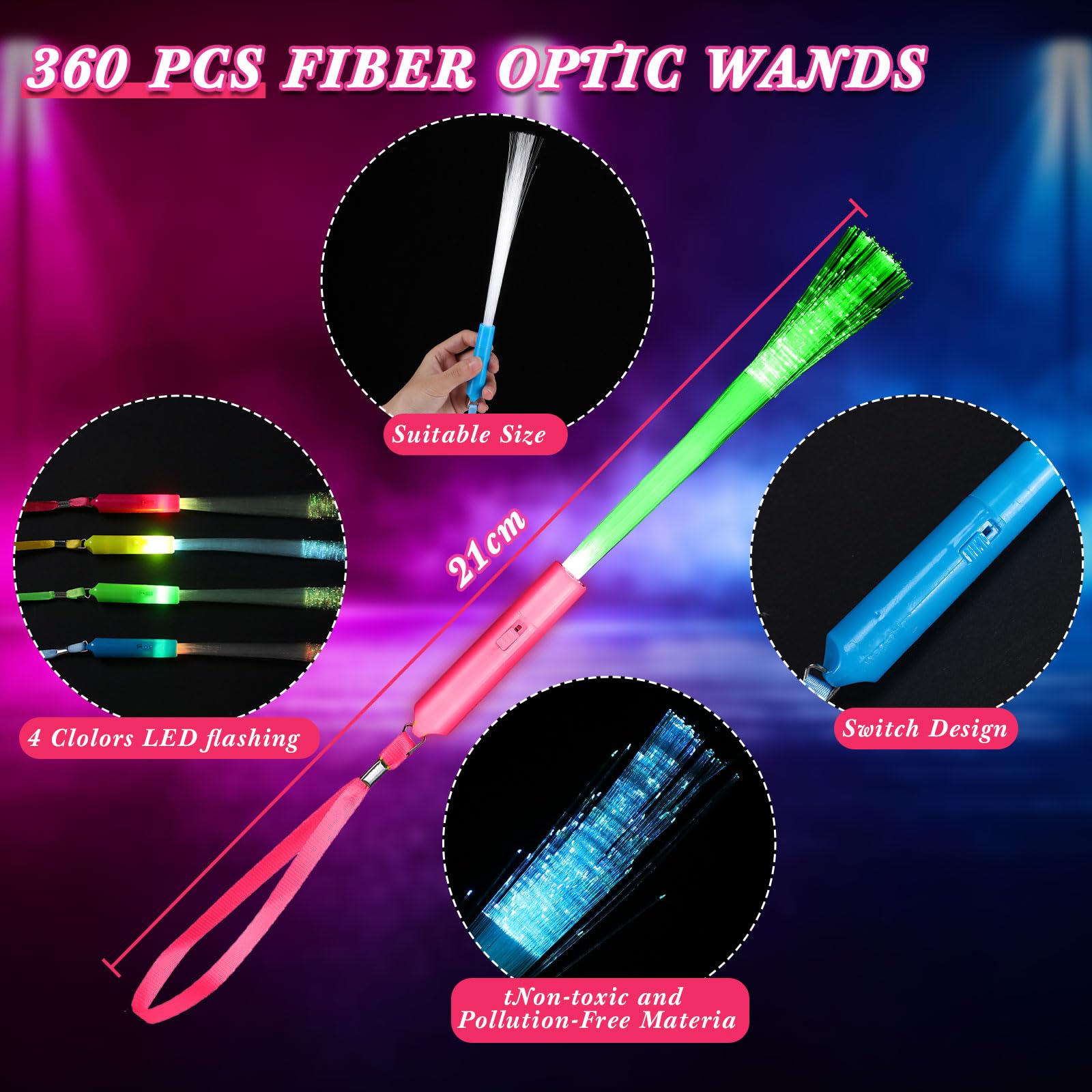 Junkin 200 Pcs Fiber Optic Wands Glow LED Light up Wand Bulk Flashing Sticks with Included Batteries for Party Favors Wedding Birthday Carnival