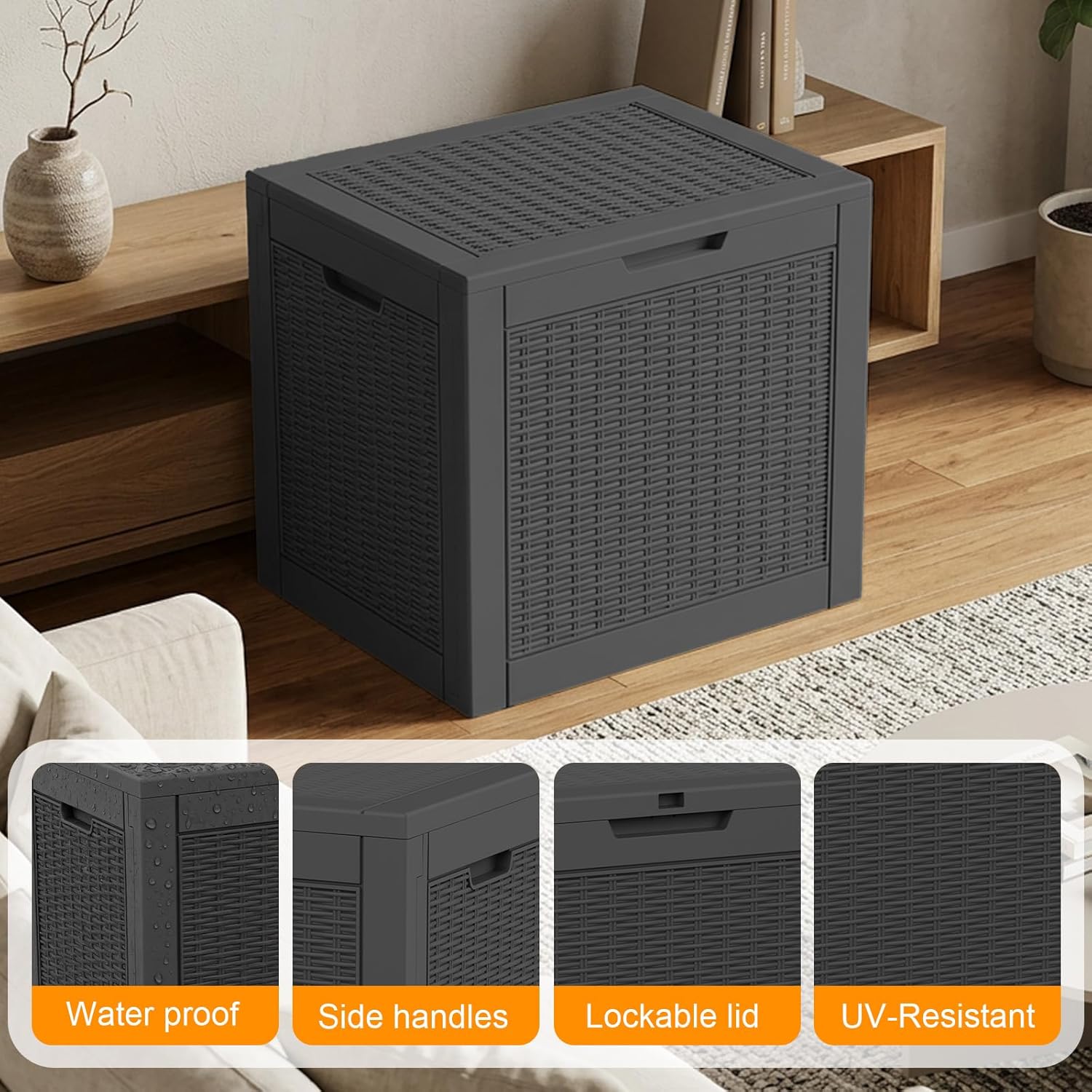 EasyUp 36 Gallon Deck Box Small Deck Box for Indoor and Outdoor,Waterproof Storage Boxs for Patio Furniture,Garden Tools,Cushions, Lockable and UV Resistant,Easy to Install(Black)