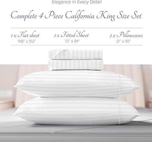 Miniatura 3 de Carressa Linen - Juego de sábanas de lujo de algodón egipcio California King a rayas - 600 hilos, fibra extra larga, juego de 4 piezas, sábanas de