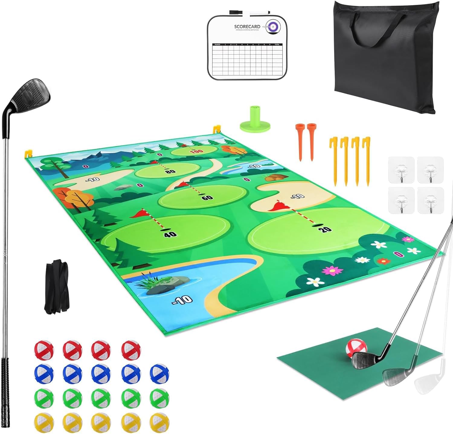 Golf Chipping Game Velcro Golf Hitting Mat Golf Training Mat for Adults Golf Training Aid Equipment for Indoor Golf Outdoor Game Golf Practice Mat with 2Pcs Clubs, 20 Balls