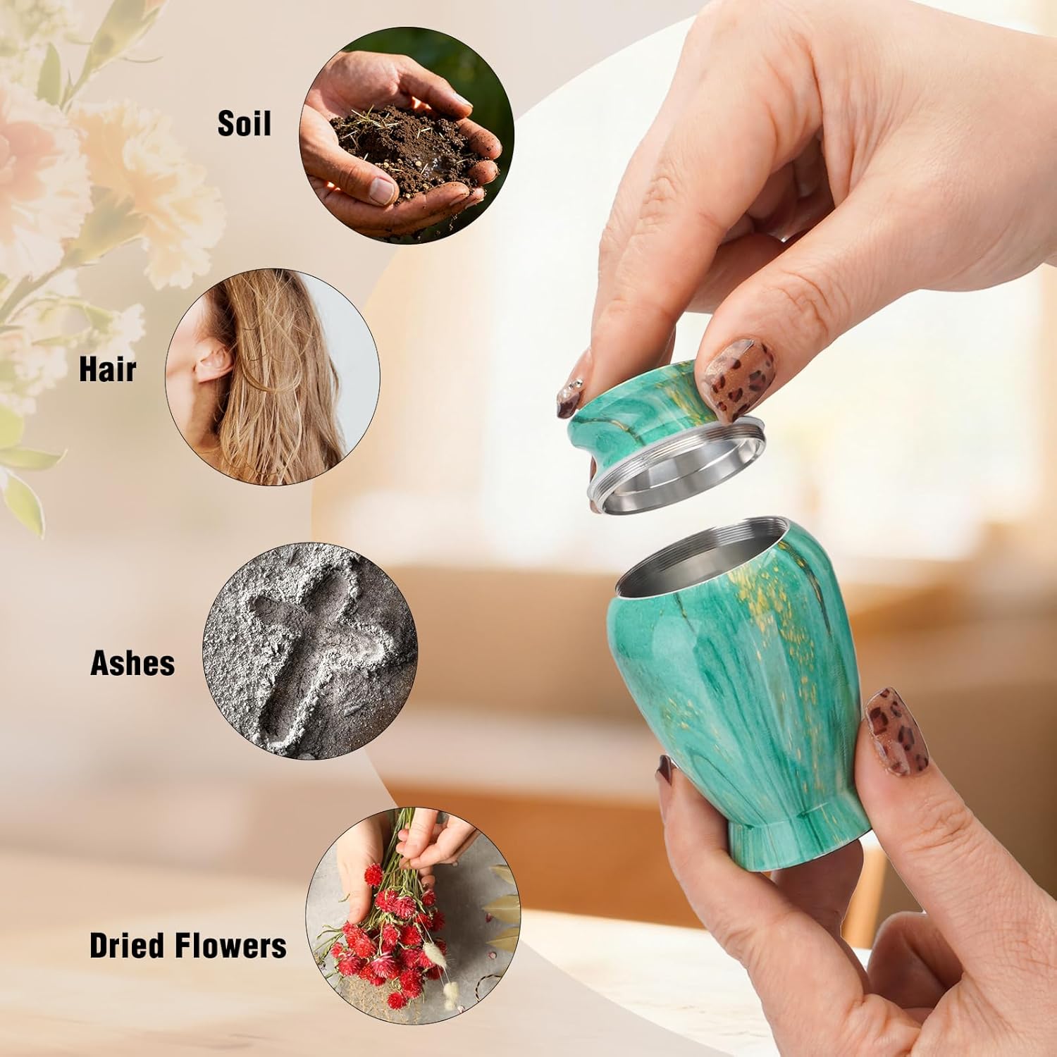 SOITIS Small Urns for Human Ashes Keepsake, 2.83 Inches Memorial Urn for Women Men, Aluminum Cremation Urns for Human Ashes- Emerald Green with Heart Urn - Image 6