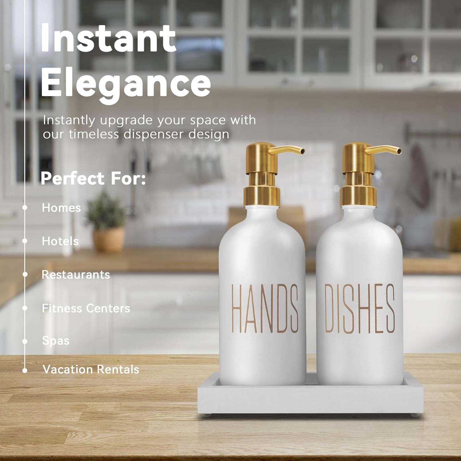 Soap Dispenser Set, Contains Hand Soap Dispenser and Dish Soap Dispenser for Kitchen, Glass Soap Dispenser with Stainless Steel Pump,for Luxury Gold Kitchen Counter Decor,(White) - Image 3