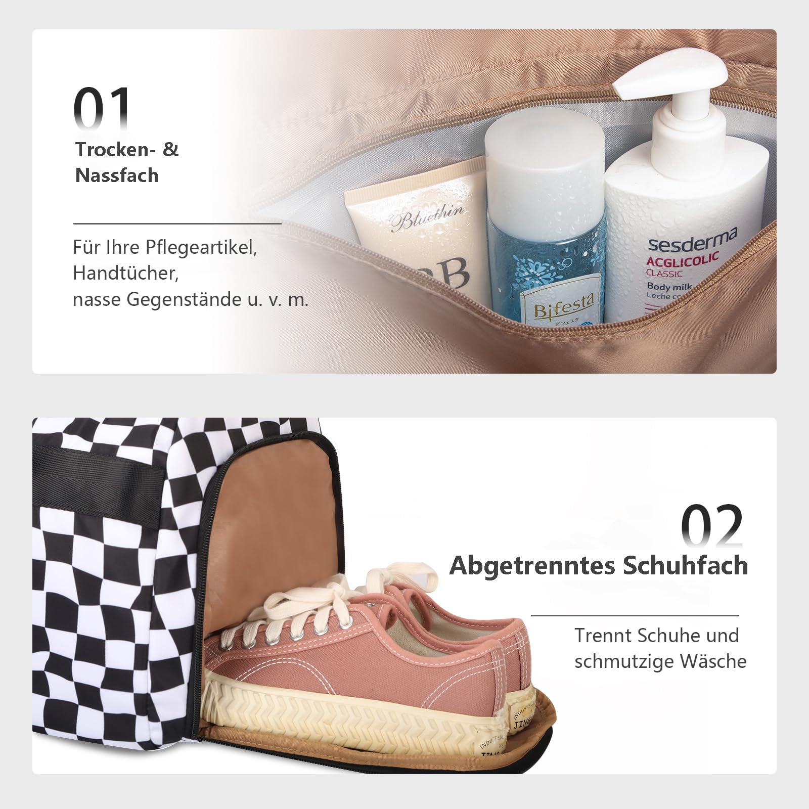 Bosidu Borsa sportiva per uomo e donna, grande borsa da viaggio con scomparto per scarpe e scomparto bagnato, leggera borsa per il weekend, borsa fitness per sport, palestra, viaggi e pernottamenti