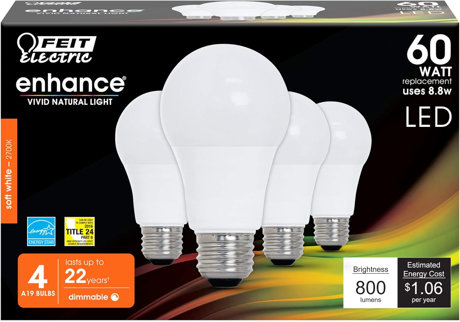 Feit Electric Enhance LED A19 Light Bulb 4-pack packaging