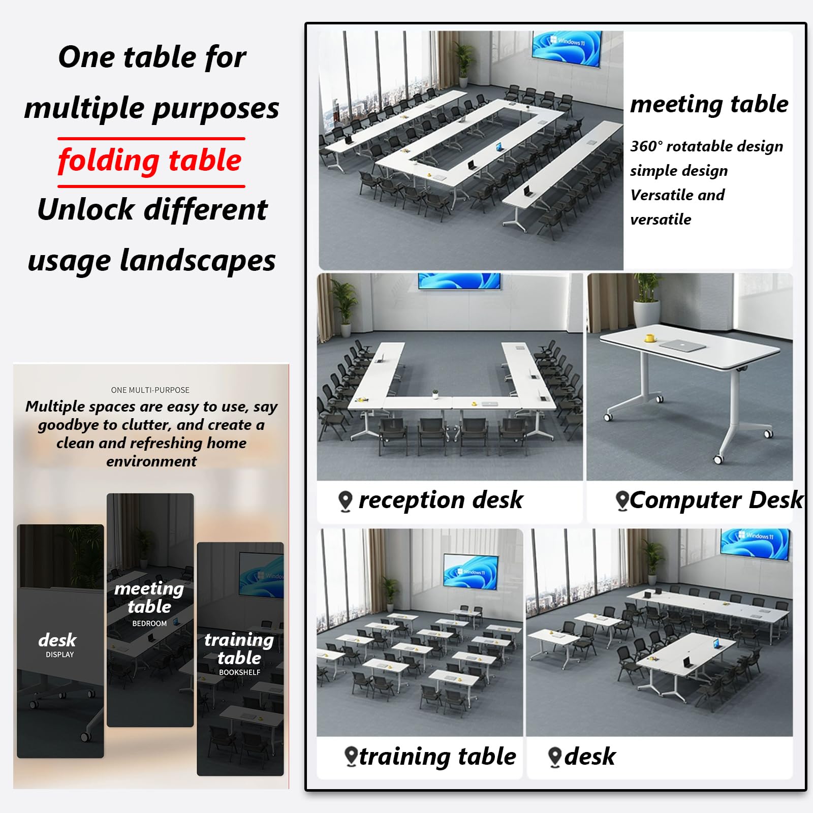 Table d'entraînement mobile pliable à rabat – Table de conférence à roulettes de 119,4 x 40,6 x 76,2 cm avec 4 roues verrouillables, idéale pour le bureau, les salles de réunion, les espaces de