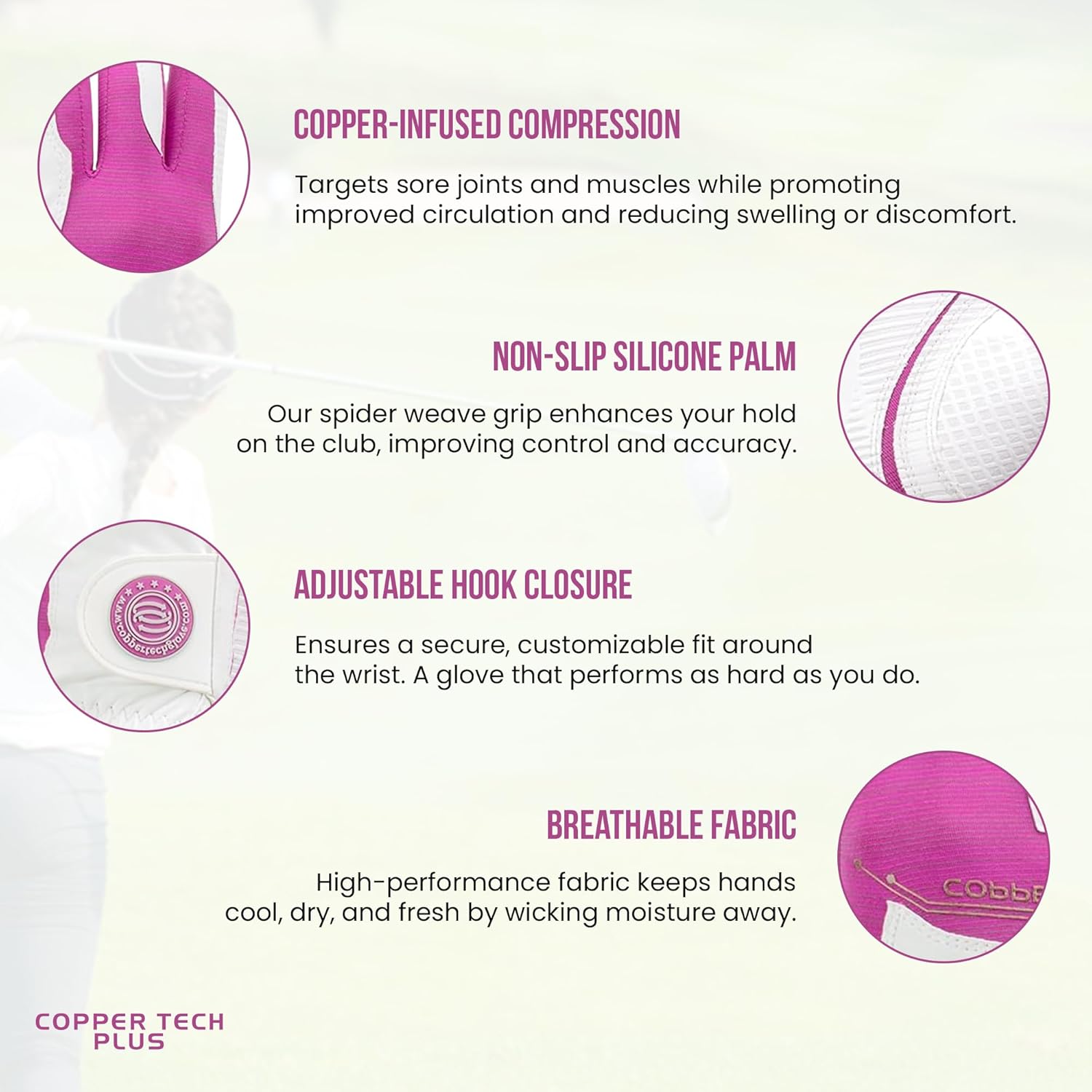 Women’s Golf Glove – White/Fuchsia – Copper Infused Compression for Arthritis Relief, Non-Slip Silicone Grip – USGA Approved, 1 Pack