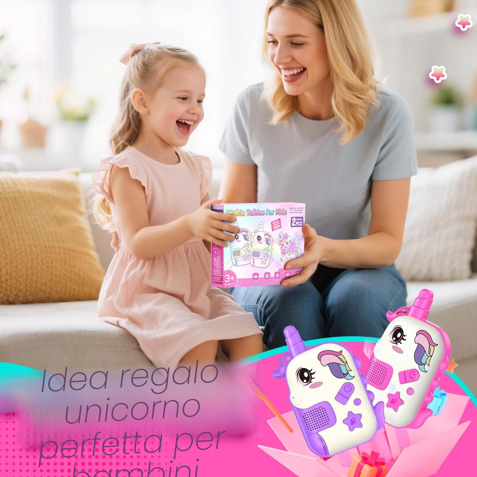 Walkie-Talkie Bambini Ricaricabili, Giocattoli Bambina 3 4 5 6 7 8 Anni Unicorno Walkie Talkie Regalo Bimba 3-8 Anni Giochi Bambina 3-8 Anni Regalo Regali di Pasqua Compleanno per Ragazzi Ragazze