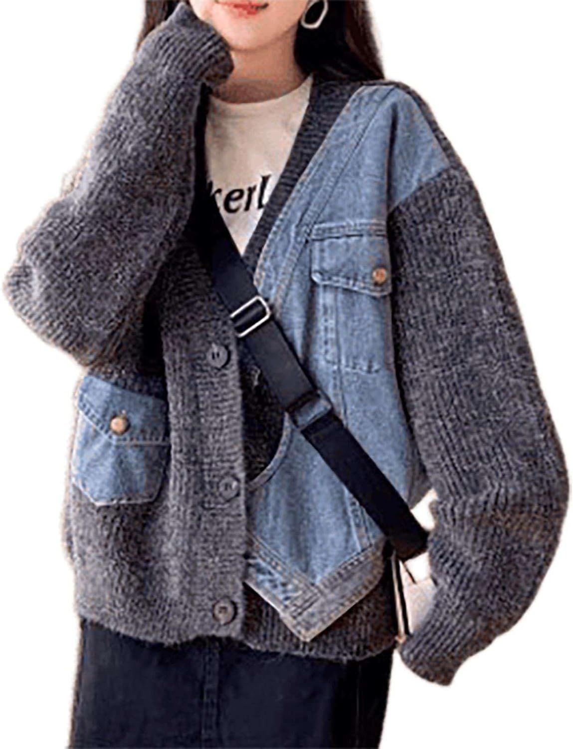Women's Autumn Winter Loose Denim Patchwork V-Neck Knit Cardigan Retro Ladies Long Sleeve Casual Going Out Tops