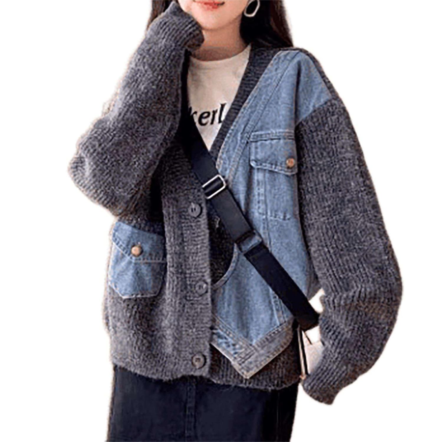 Womens Autumn Winter Loose Denim Patchwork V-Neck Knit Cardigan Retro Ladies Long Sleeve Casual Going Out Tops