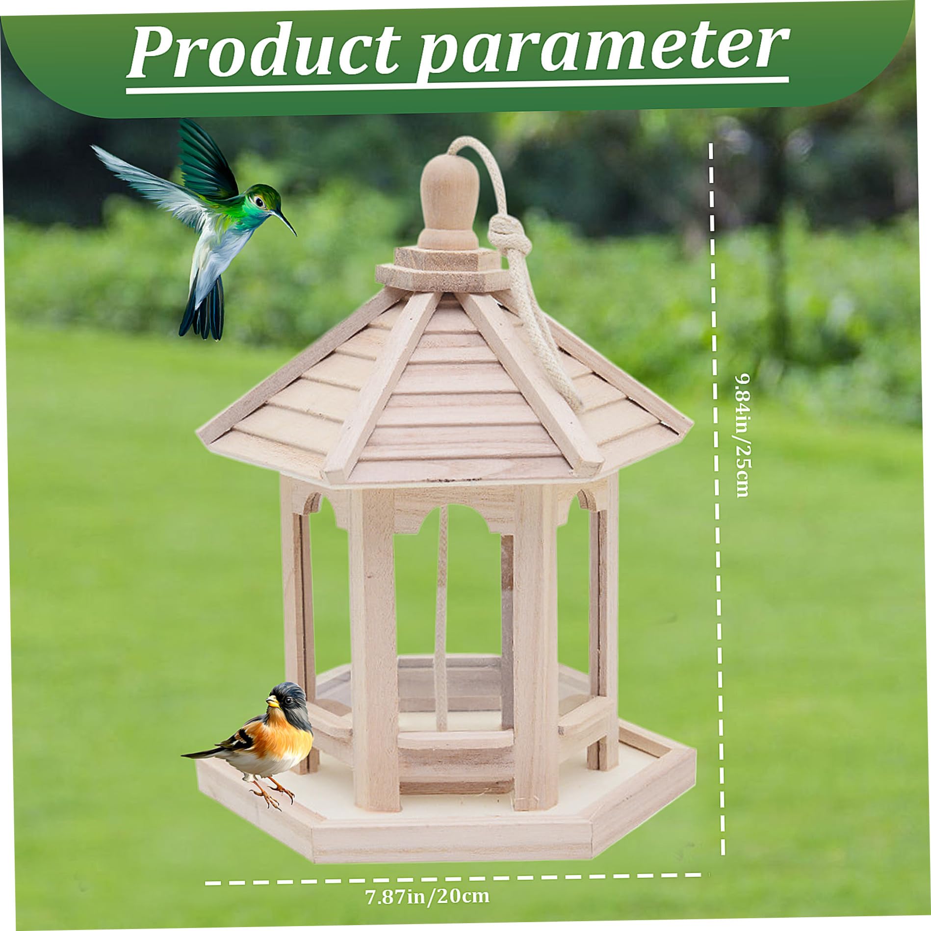 Comedero para pájaros de madera, mesa para pájaros colgante impermeable con techo extraíble, comedero para casa de jardín natural, mesa decorativa de madera para amantes y decoraciones de jardín