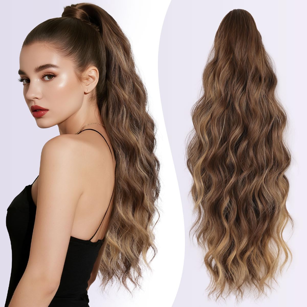 JIAMEISI Ponytail Extension 18 Inch Claw Clip Ponytail Hair Extensions Long Curly Wavy Highlight Clip in Pony Tails Extension Synthetic Fluffy Hairpiece for Women (Light Brown Mixed Honey Gold)