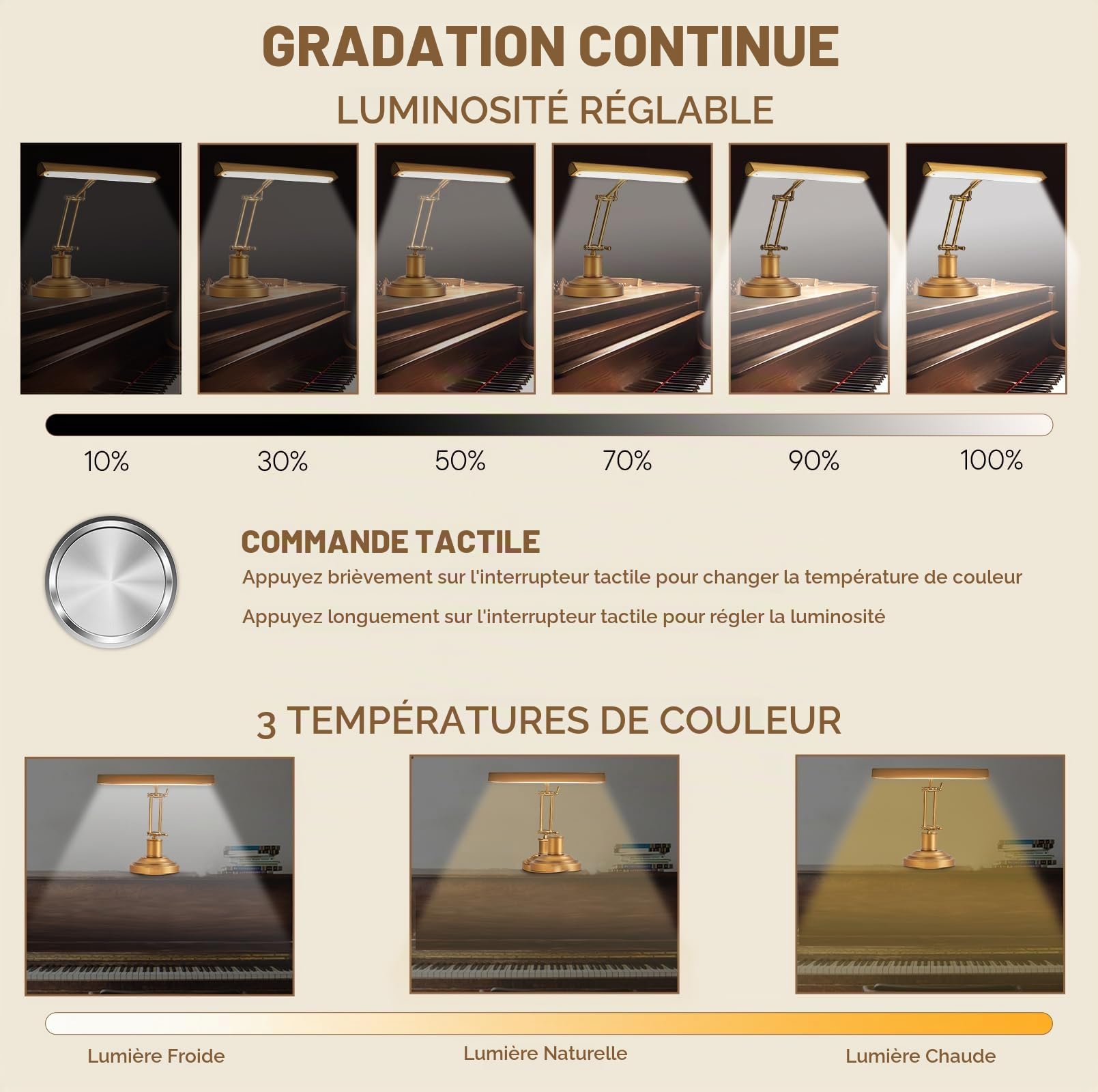 Lampe Piano LED CRI95+ Double Bras Réglable Tactile, Dimmable 3 Températures 3000K-6000K, Bronze Laiton Vieilli pour Piano Pupitre Bureau Salon