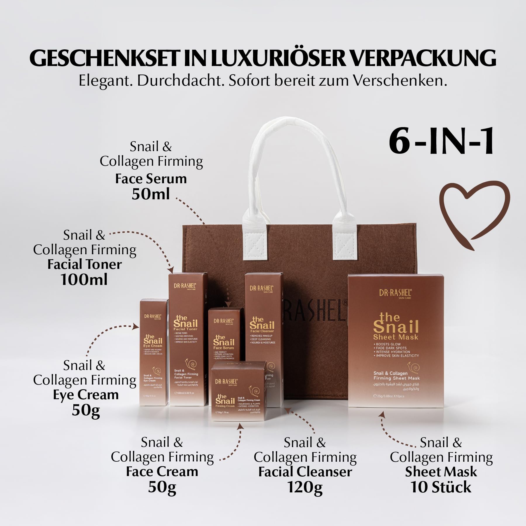 Gesichtspflege Set mit Snail Mucin & Kollagen - Schneckenschleim Gesicht Serum, Augenserum, Tages & Nachtcreme, 10x Tuchmaske, Gesichtsreinigung, Toner, Sonnencreme SPF 50 - Anti-Aging, glatte Haut