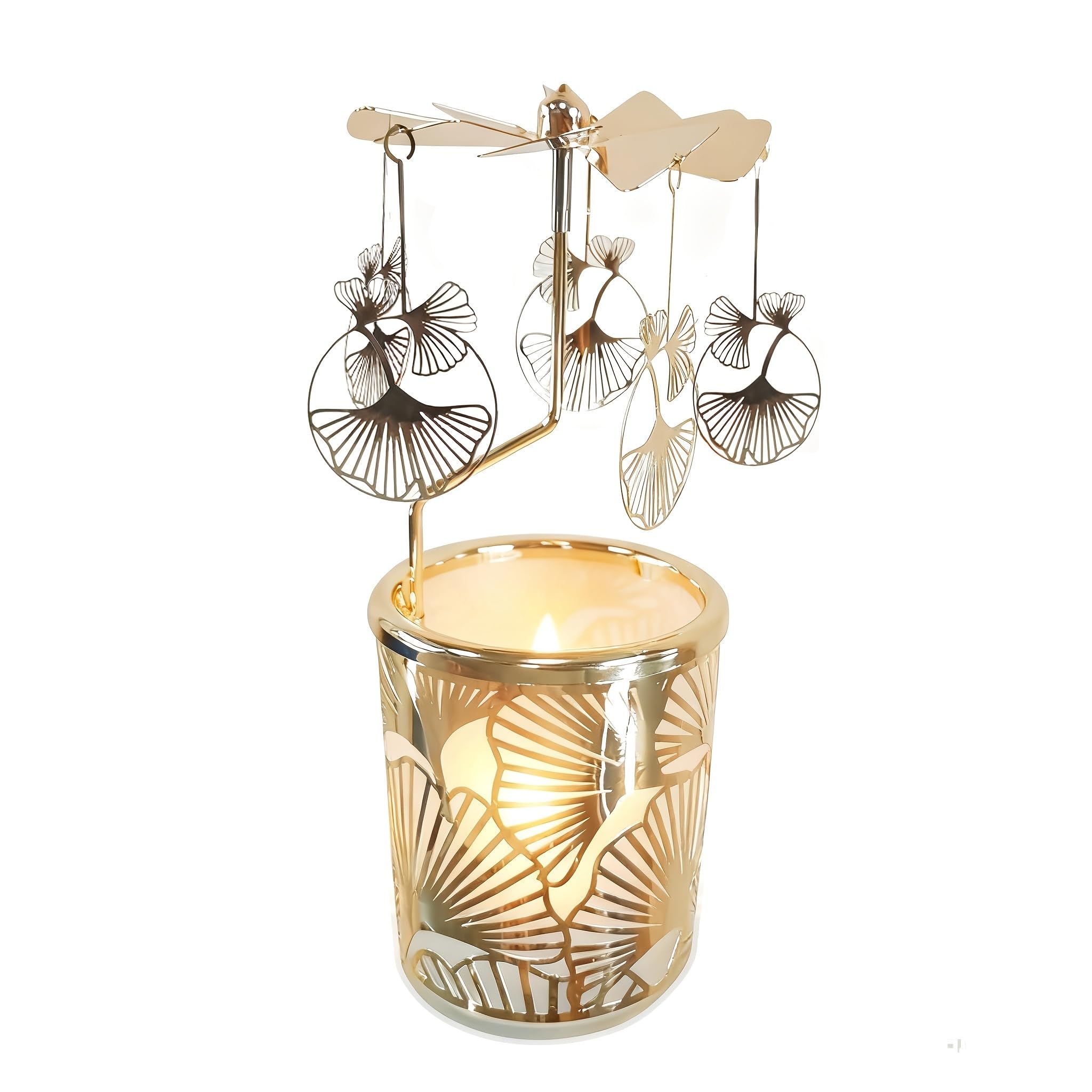 Qtnuerm Metal Rotary Candle Holder Spinning Windmill Tea Light Carousel Decor for Home & Gifts (Golden Ginkgo Leaves)