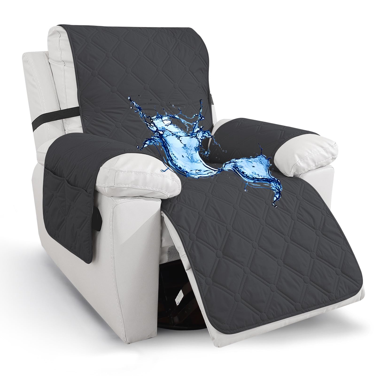 XHDZSW Waterproof Recliner Chair Cover, Non-Slip Recliner Armchair Cover with Elastic Straps & Side Pockets, Washable Recliner Slipcover Covers for Dogs Pet (Black)